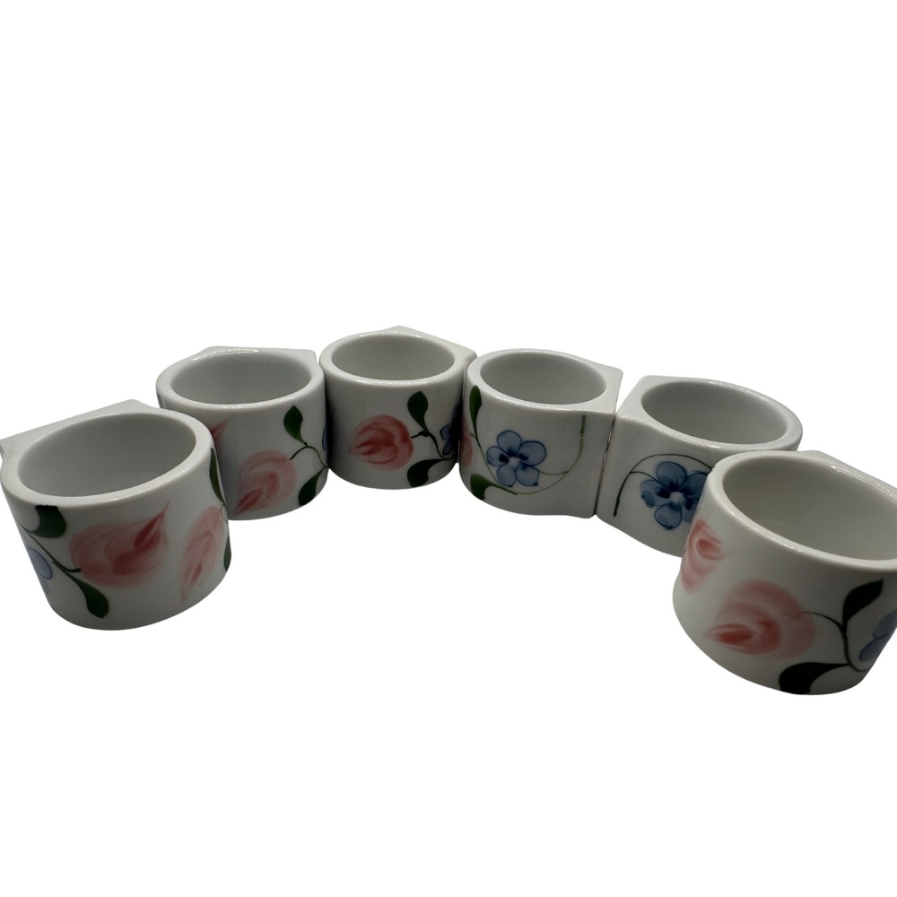 Vintage Floral Ceramic Napkin Rings Set of 6 Pink Blue Hand Painted - Picture 2 of 5